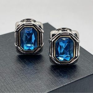 VTG Blue Zircon Crystal Clip-On Earrings Silver Gold Tone 0.75"